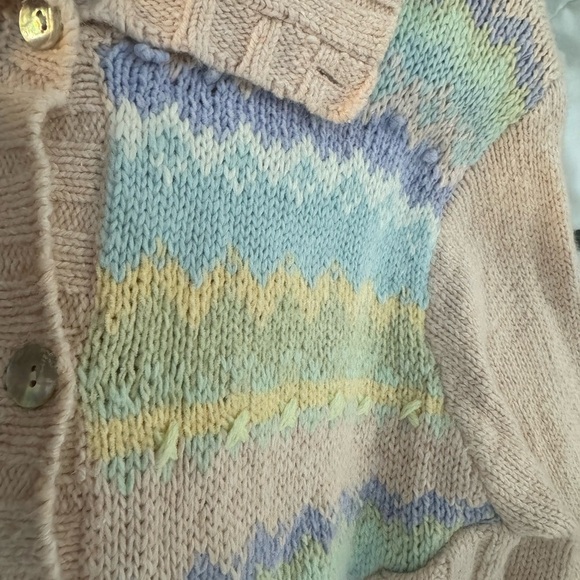 Vintage Pastel Grandma Hand Knit Geometric Striped Cardigan Button Up Sweater LG - Picture 13 of 16